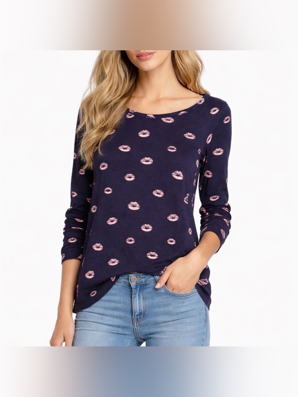 NWT Joie Annora B long sleeve top dark navy with pink lips print Size Small